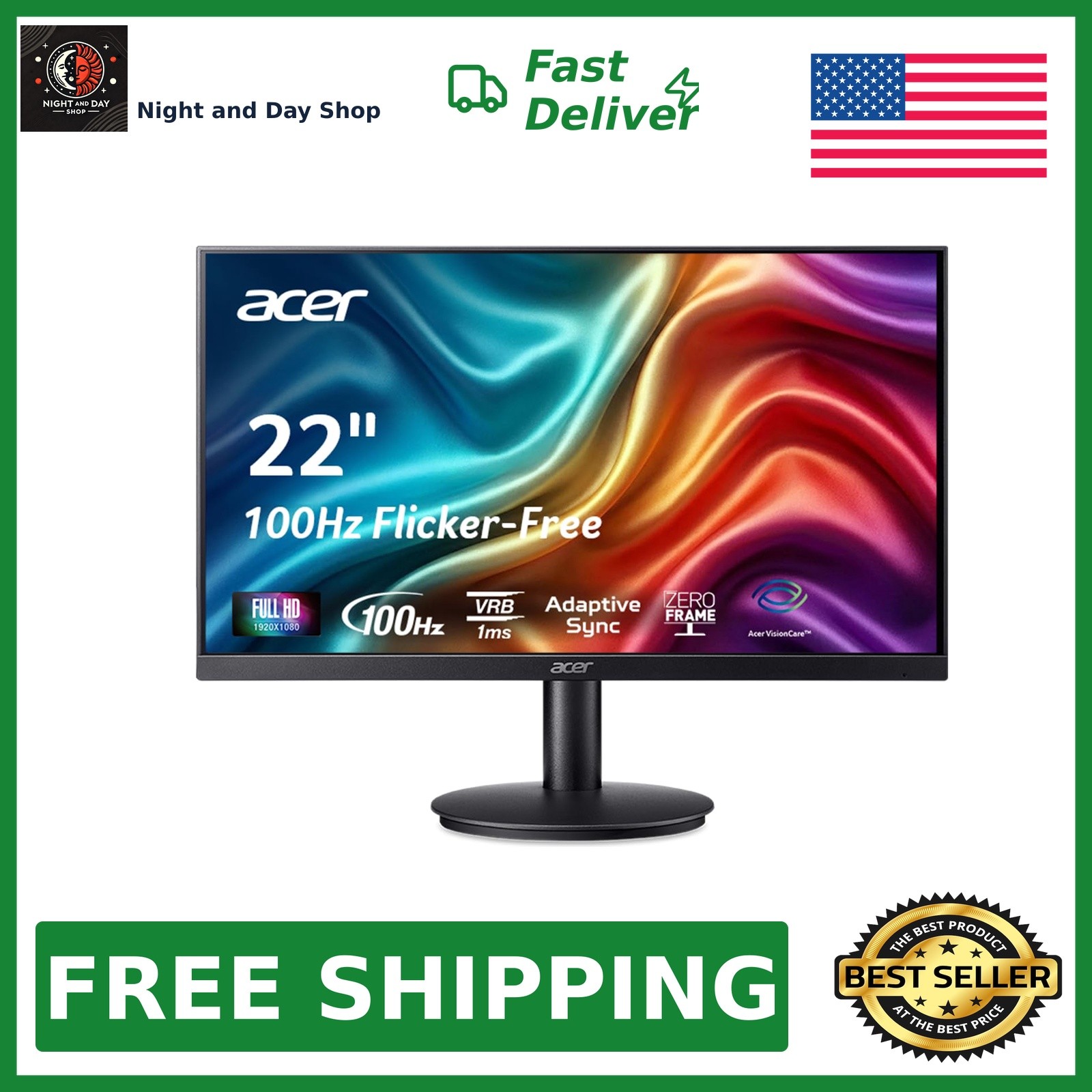 Acer 21.5in FHD 1920x1080 100Hz Office Monitor KB220Q H2bi | 1ms, AdaptiveSyn...
