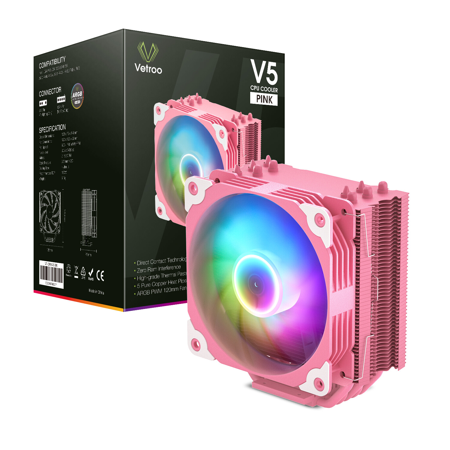 Vetroo V5 CPU Cooler Cooling 120mm Case Fan PWM ARGB LGA 1700 1200 1151 AMD AM4