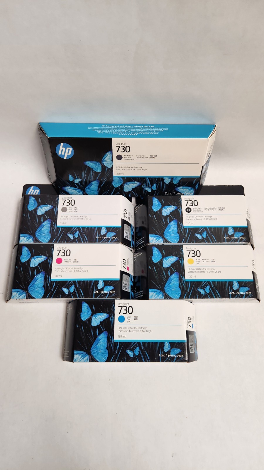 HP 730 Ink Cartridges - Full Set - 300ml MK & 130ml PK, G, M, Y, C - 2028 Date