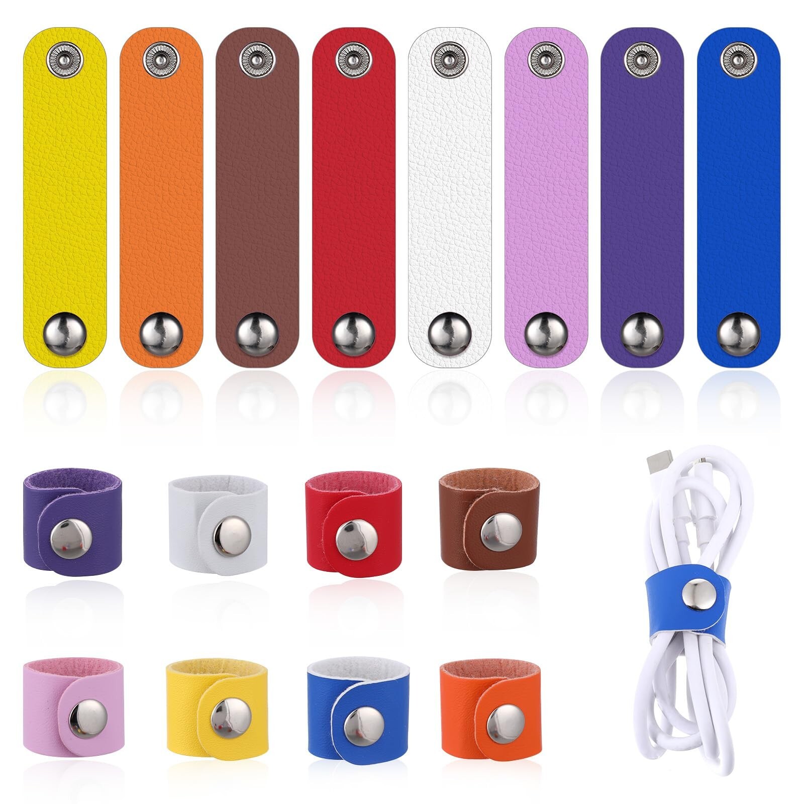 16 Pcs Leather Cord Organizer Reusable Leather Cable Straps Colorful Cord Wra...