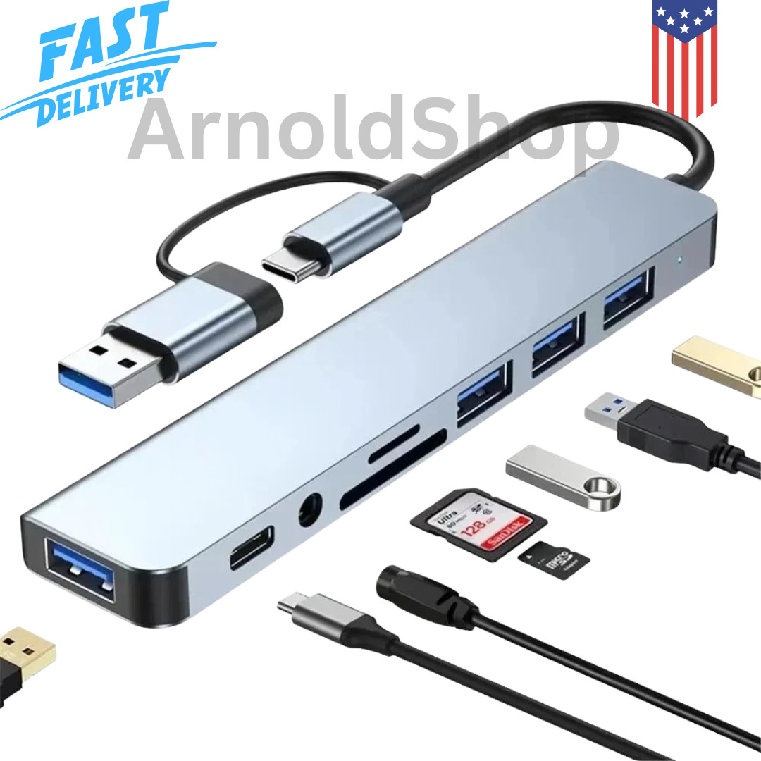 USB-C Hub Multiport Adapter 8 In 2 Dock USB 3.0 2.0 Splitter SD TF Card Reader