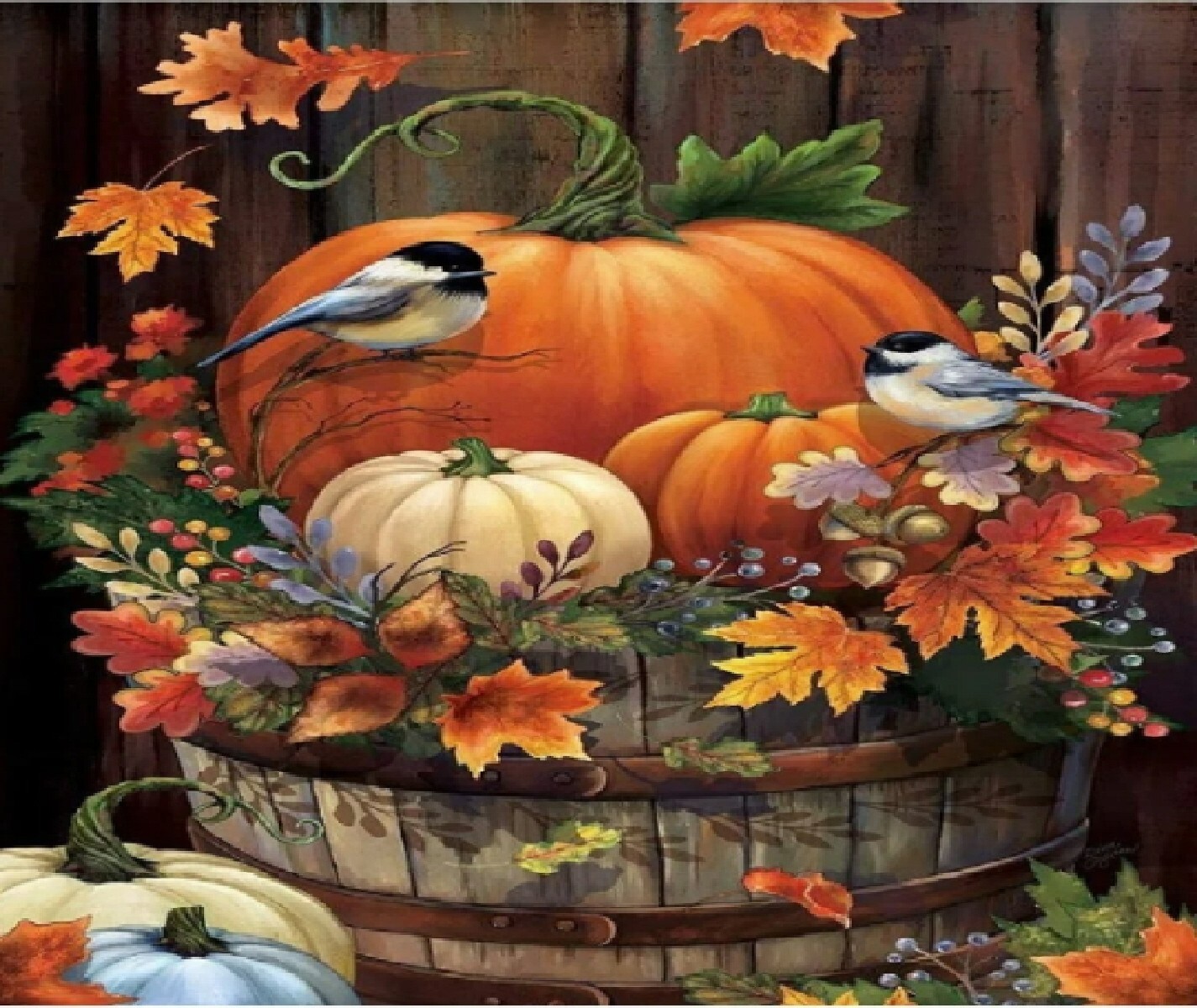 PUMPKIN CHICKADEE FALL BASKET MAPLE LEAVES COMPUTER MOUSE PAD  9 X 7