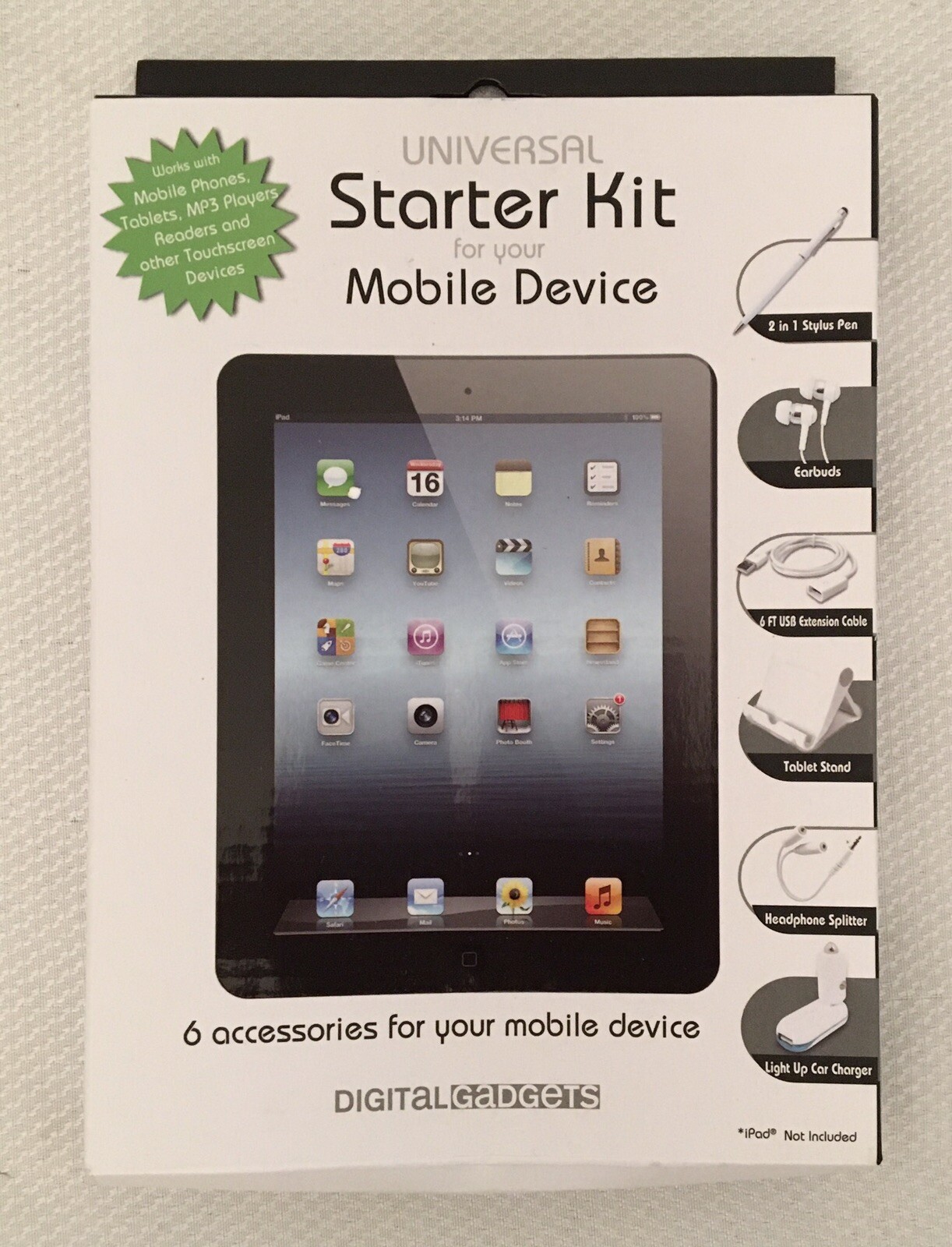 NIB Digital Gadgets Universal Starter Kit For Mobile Device With 6 Accessories