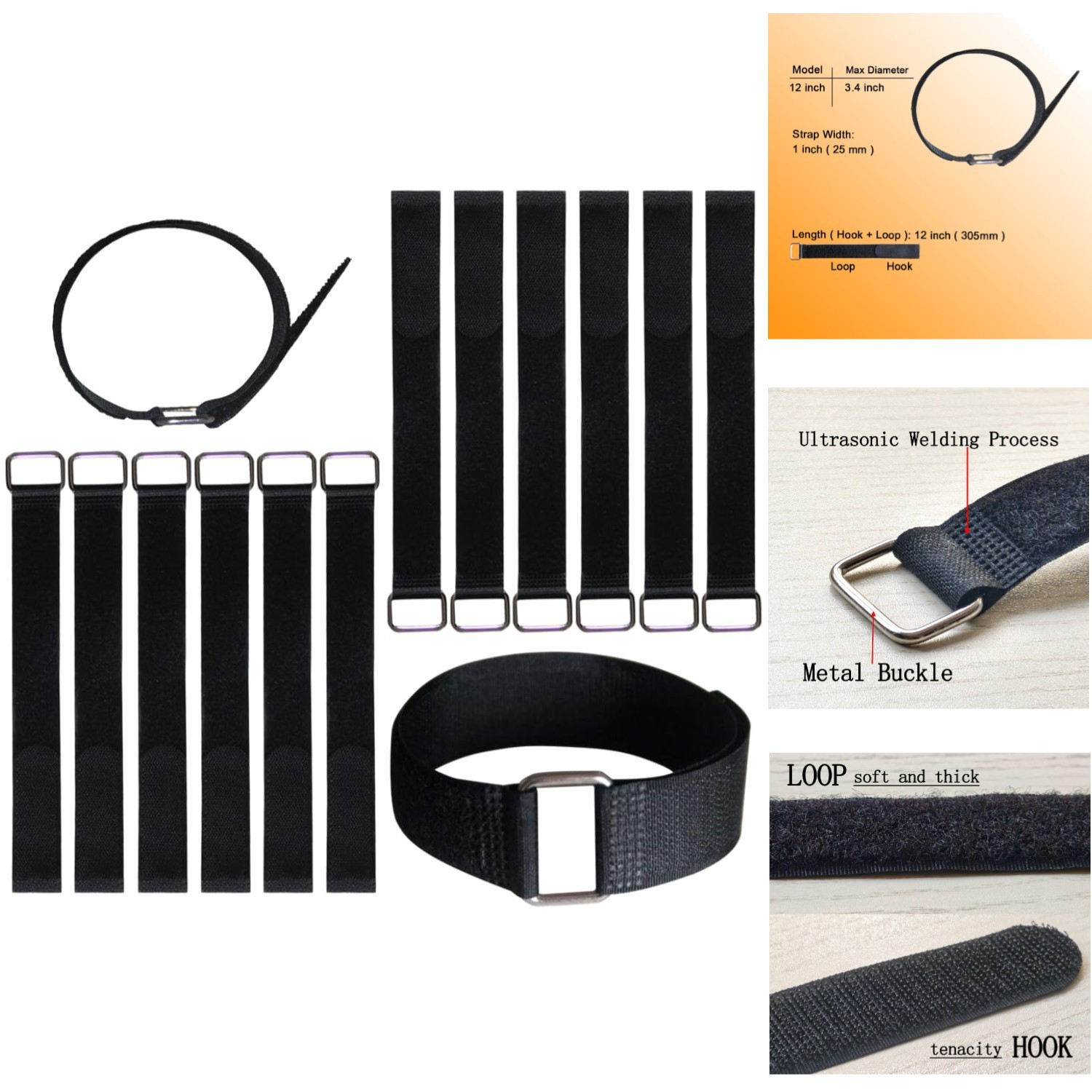 12 Pack of 12-Inch Durable Hook and Loop Cable Straps - Versatile & Convenient
