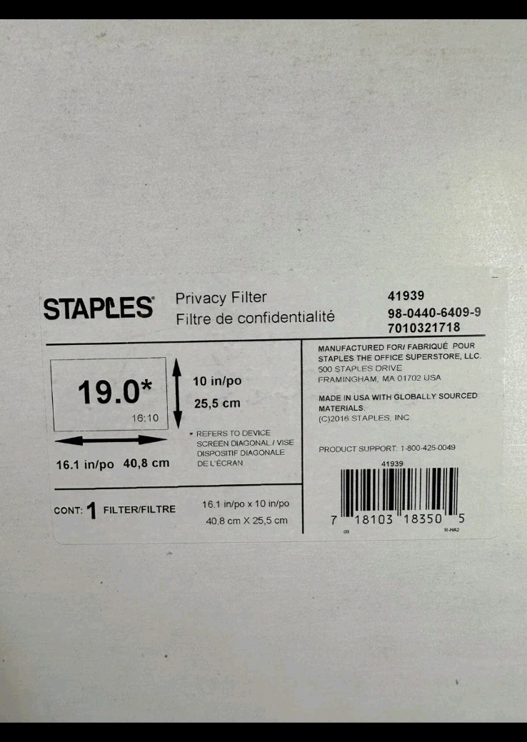 Staples 41939 Laptop 19.0W 19” Widescreen Privacy Screen Filter, Black, NEW