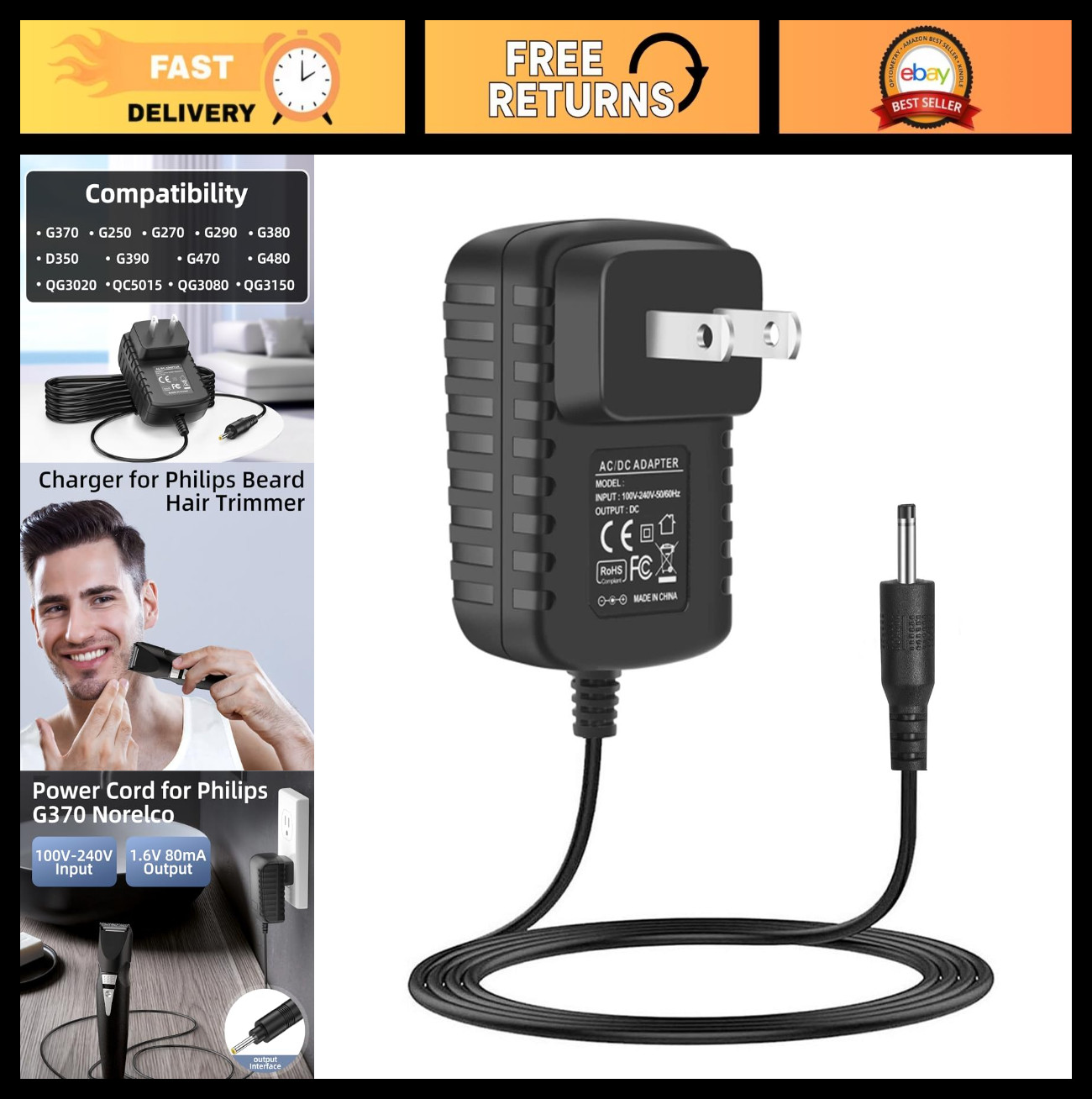 Replacement Power Cord for 1.6V Grooming System Charger, Fits Philips Trimmers