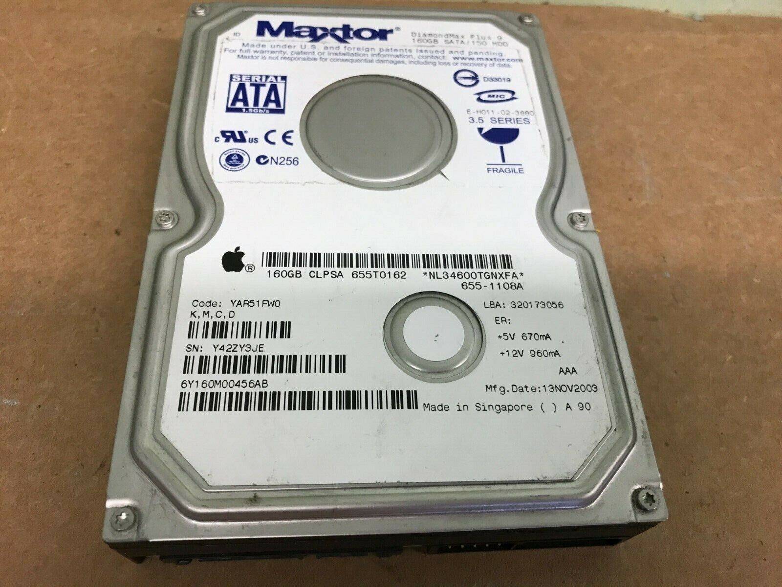 Maxtor 6Y160M0 Code:YAR51FW0 (K,M,C,D) Apple#655-1108A 3.5