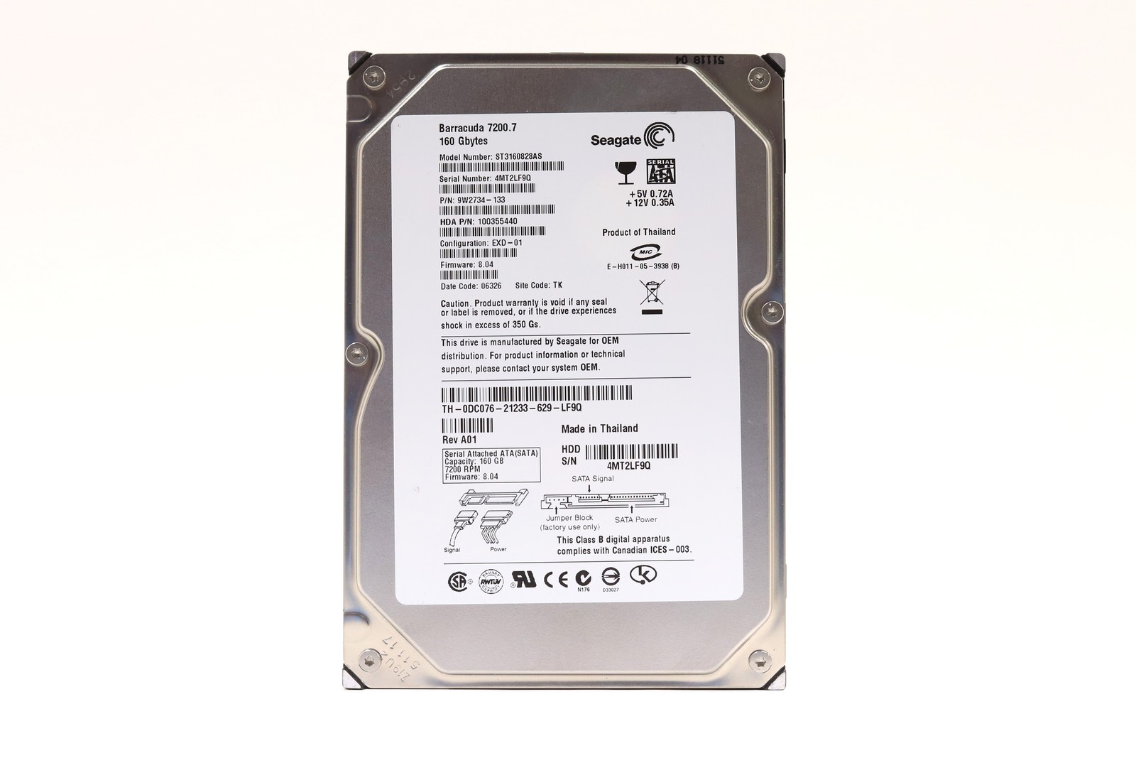 Dell ST3160828AS 160GB 3.5" 3Gb/s 8MB 7.2K RPM SATA Hard Drive Dell P/N: 0DC076
