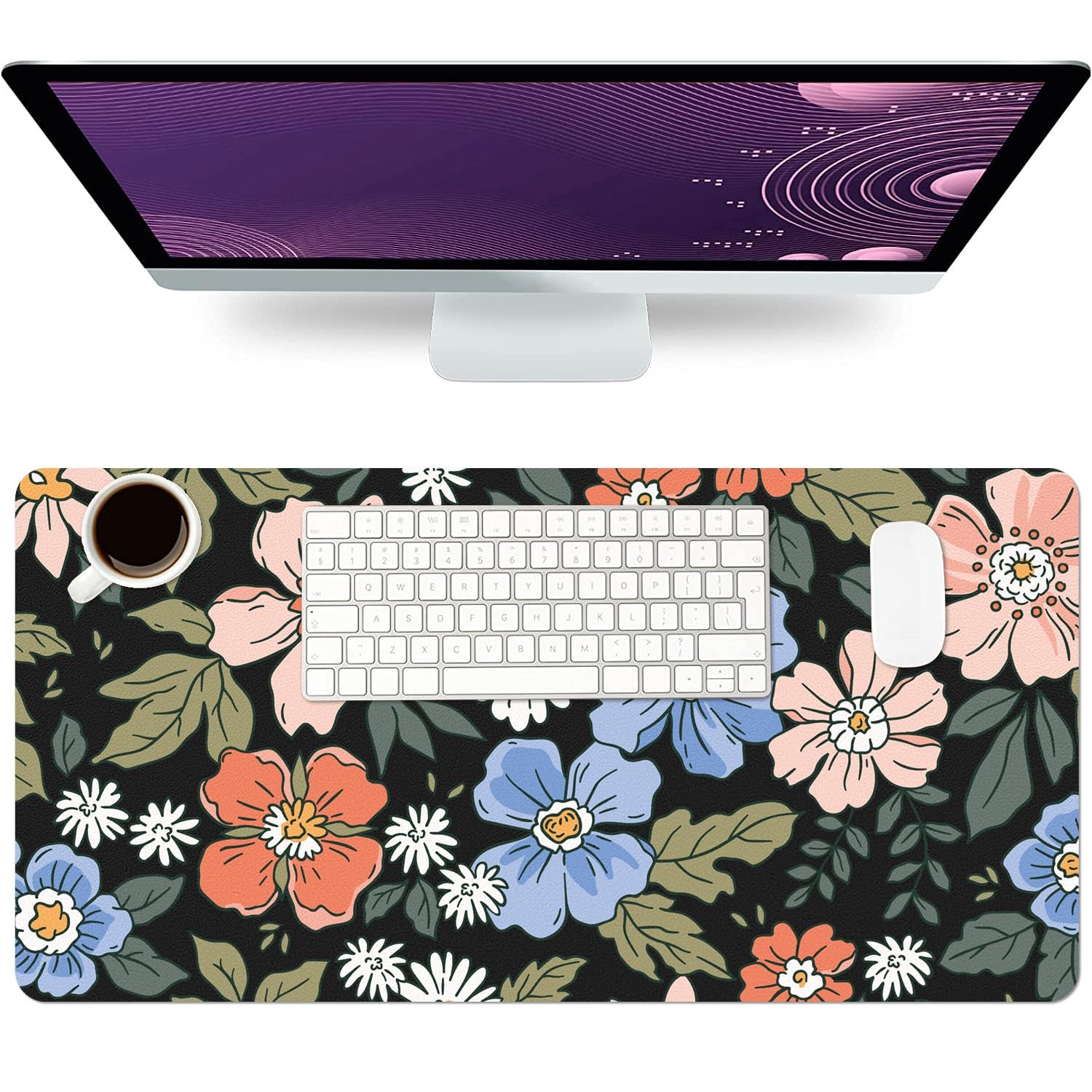 23.6x11.8 Inch Wildflower Desk Mat Large NonSlip PU Leather Mouse Pad