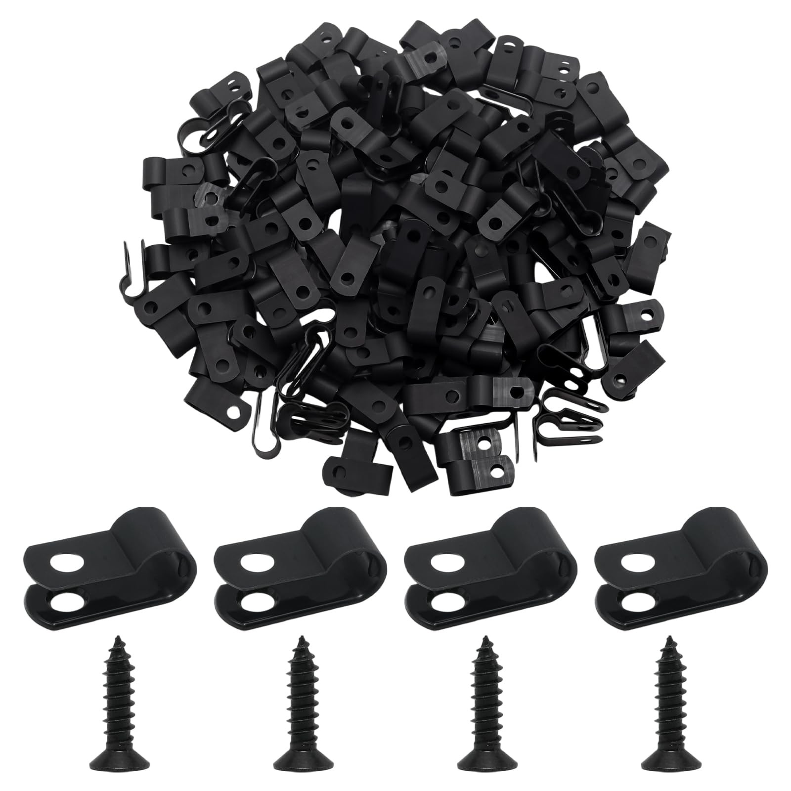 200Pcs 1/4" Black Plastic Nylon Outdoor Cable Clips with Screws