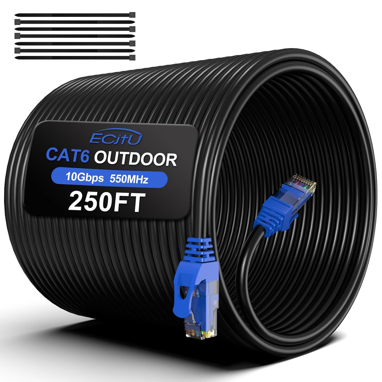 250FT Cat6 Outdoor Ethernet Cable 24AWG CCA Direct Burial UV Resistant
