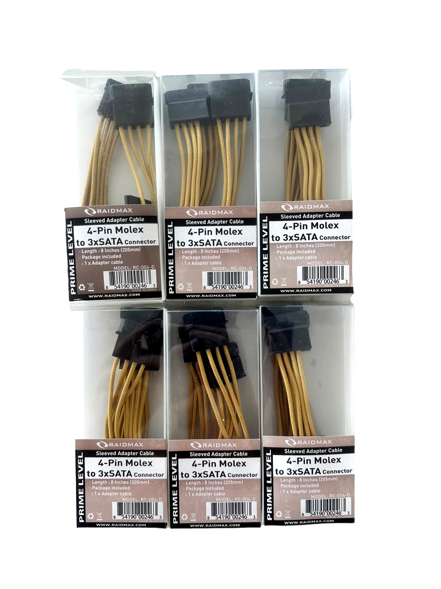 4-Pin Molex to 3xSATA Connector Sleeved Adapter Cable 8in *LOT OF 6*