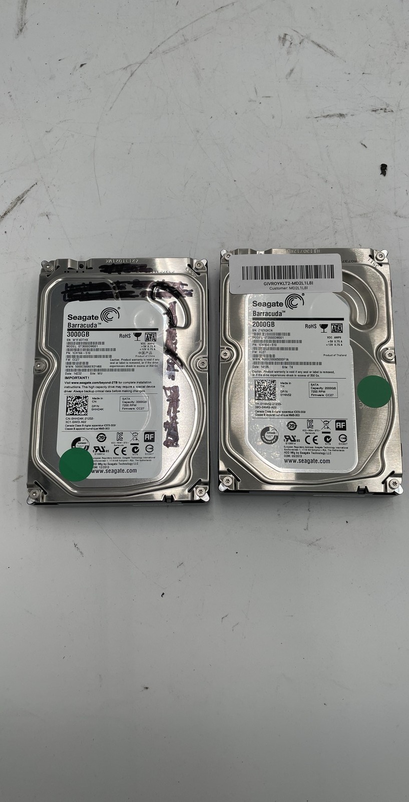 Seagate 3TB 2TB 7200RPM SATA 3.5 HDD ST3000DM001 ST2000DM001 Lot Of 2