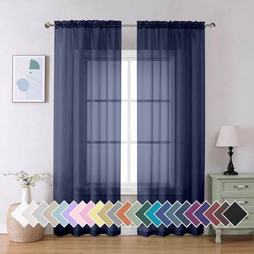  Sheer Curtains 84 inch Length 2 Panels Set, 40"W x 84"L (Pack of 2) Navy Blue