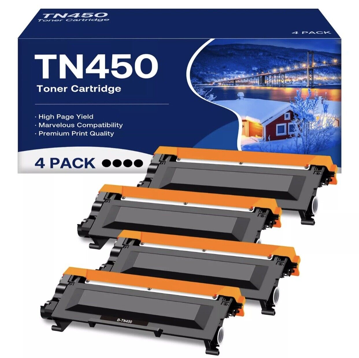 Compatible Toner Catridge Replacement for Brother TN450 (Black, 4-Pack)