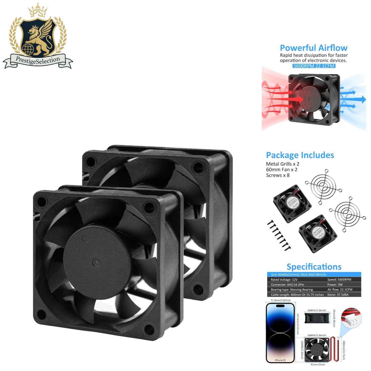 5600 RPM 60mm Cooling Fan for Amps - Low Noise, Easy Install, 2-Pack