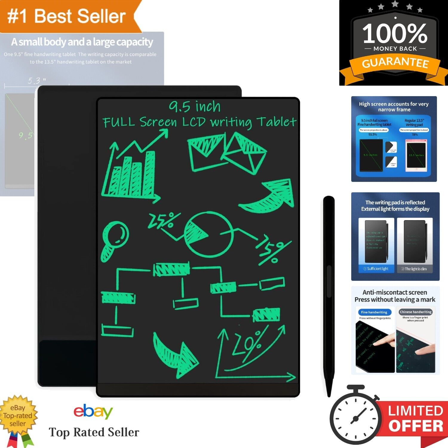 LCD Writing Tablet, 9.5in Erasable Reusable Electronic Drawing Pads, Electron...