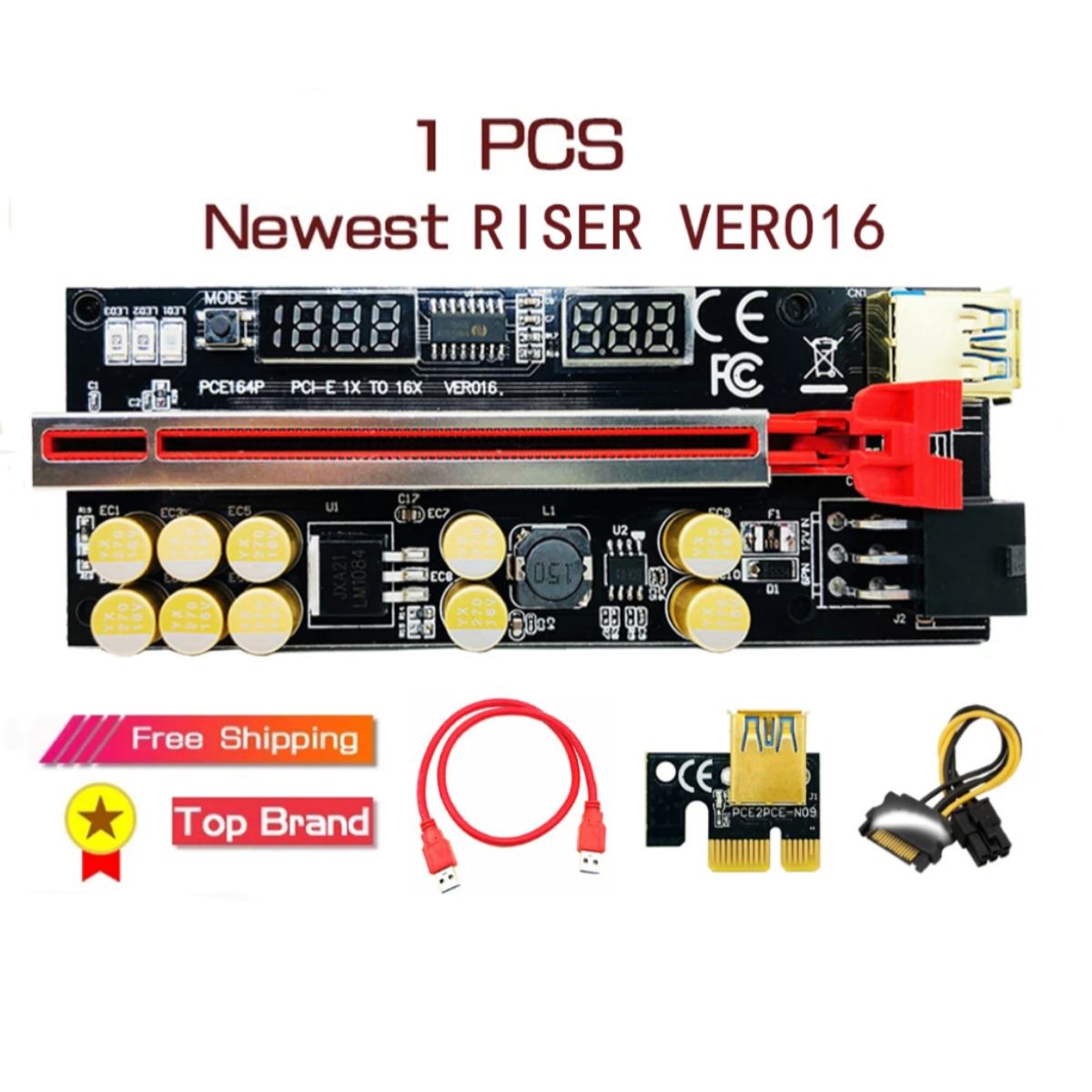 1 5 10pcs VER016 PCIE Riser Card PCI Express X16 RGB LED 6Pin USB Mining Riser