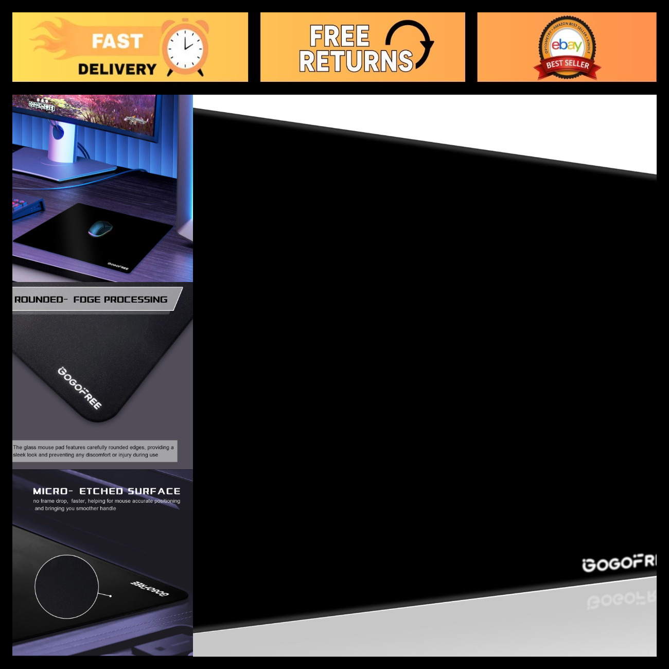 Large Black Glass Gaming Mousepad - Ultra Smooth Hard Surface for Precision Cont