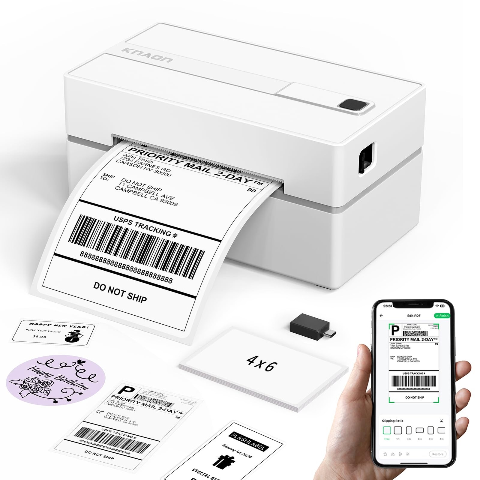 KNAON Bluetooth Thermal Shipping Label Printer, 4x6 Portable 4 inch, White