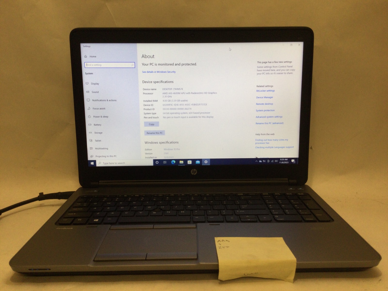 HP ProBook 655 G1 / AMD A10-A4600M / Windows 10 Pro / C-GRADE W/ ADAPTER