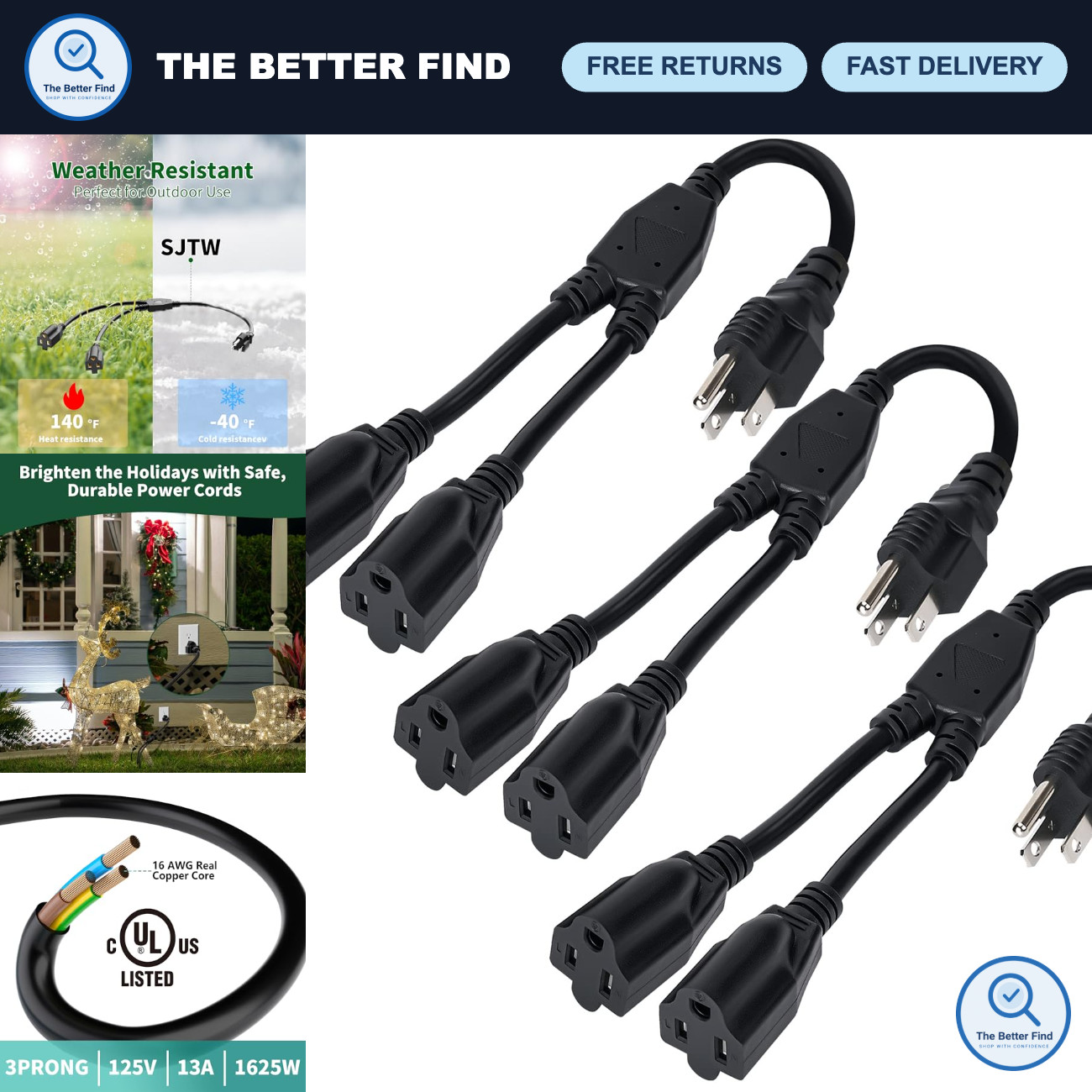 3-Prong Y Splitter Power Extension Cord 1FT, 3-Pack, Heavy Duty 16AWG, Weatherpr