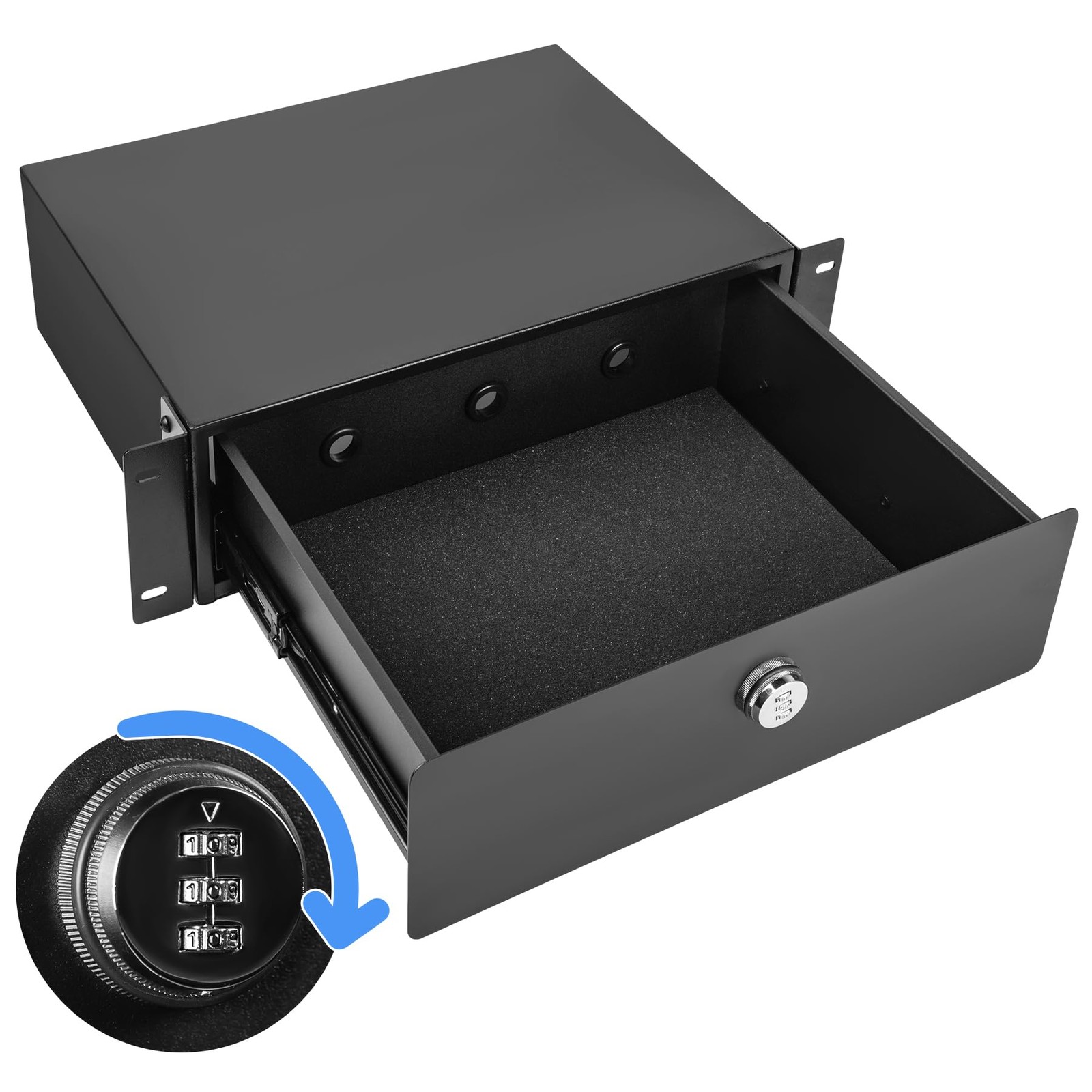 3U Rack Mount Drawer, Server Rack Drawer w/Combination Lock, Foam Pad and Smo...