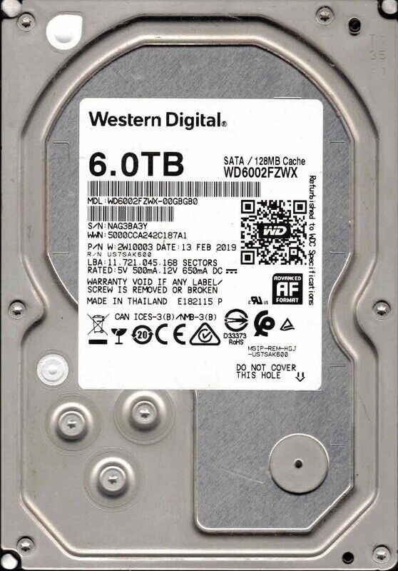 WD6002FZWX-00GBGB0 P/N: 2W10003 FEB 2019 Western Digital 6TB