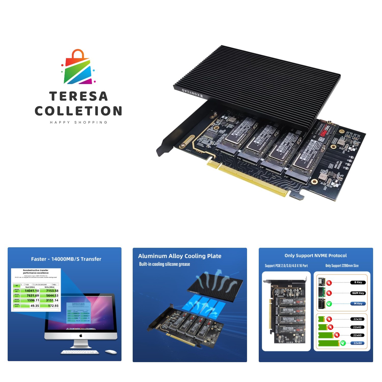 Quad NVMe M.2 SSD Expansion Card with Aluminum Heatsink - Supports RAID, 256Gbps