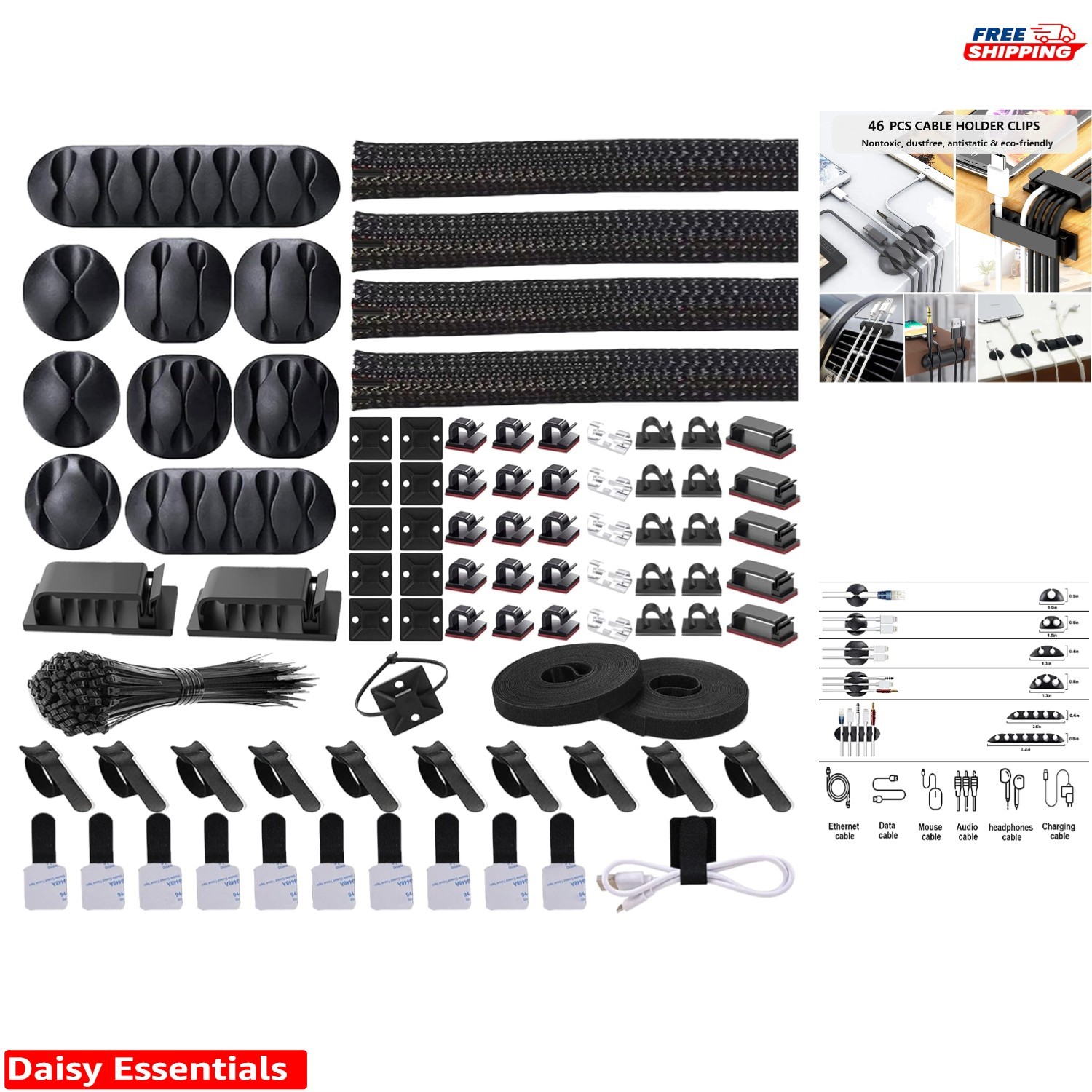 Ultimate Cable Organization Kit with Adhesive Clips & Versatile Tie Rolls, Black