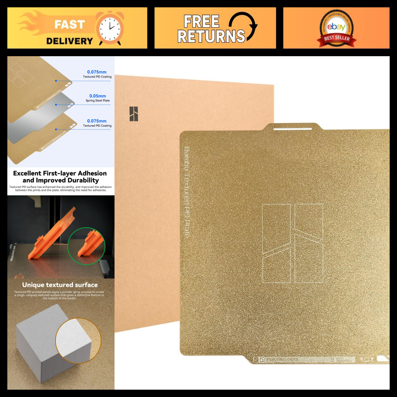 Double-Sided Textured PEI Build Plate 257x257mm for 3D Printers - Flexible Steel