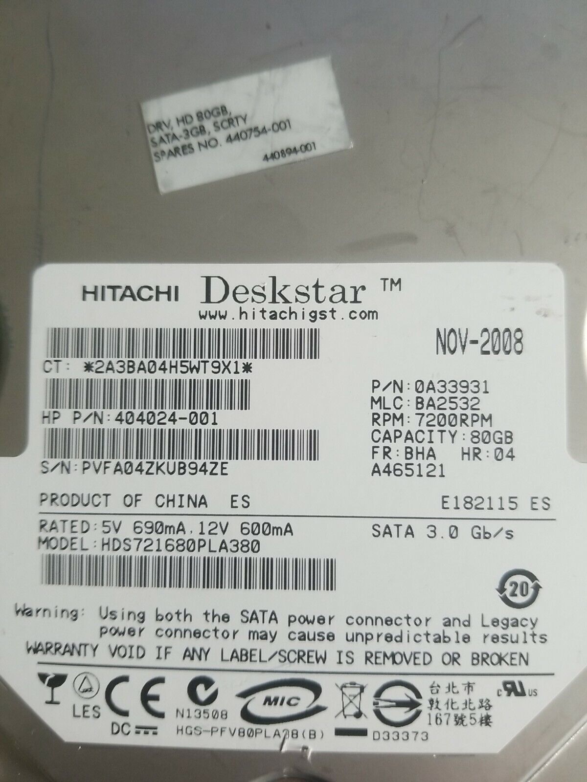 HITACHI HDS721680PLA380 80GB SATA HARD DRIVE P/N: Pre Owner