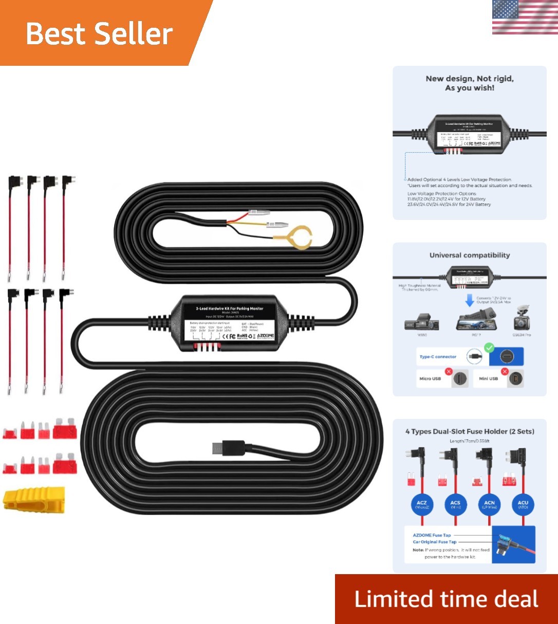 AZDOME 3-Lead Acc Hardwire Kit Type-C USB Port for M550 M01Pro PG17 Gs63Hpro