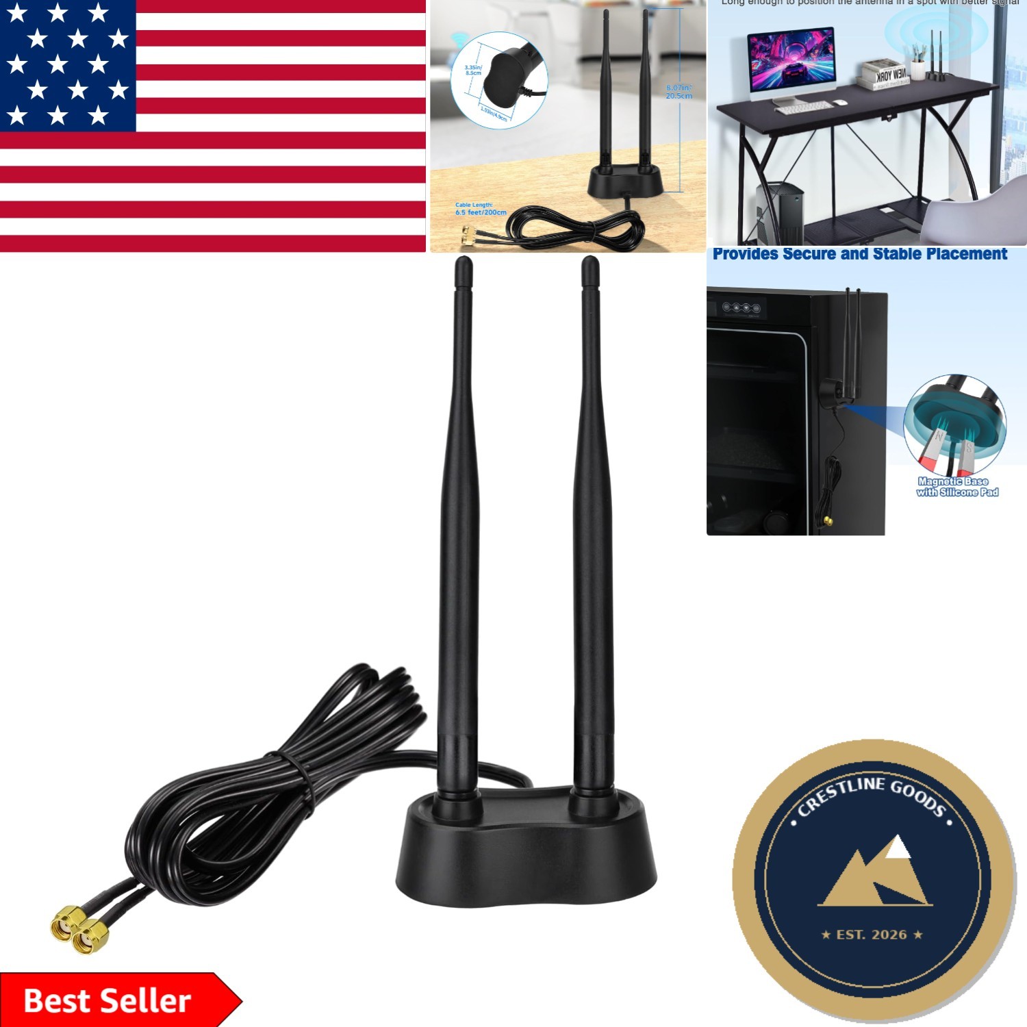 9dBi Magnetic Base WiFi Antenna for Enhanced Signal - 6.5ft Extension Included