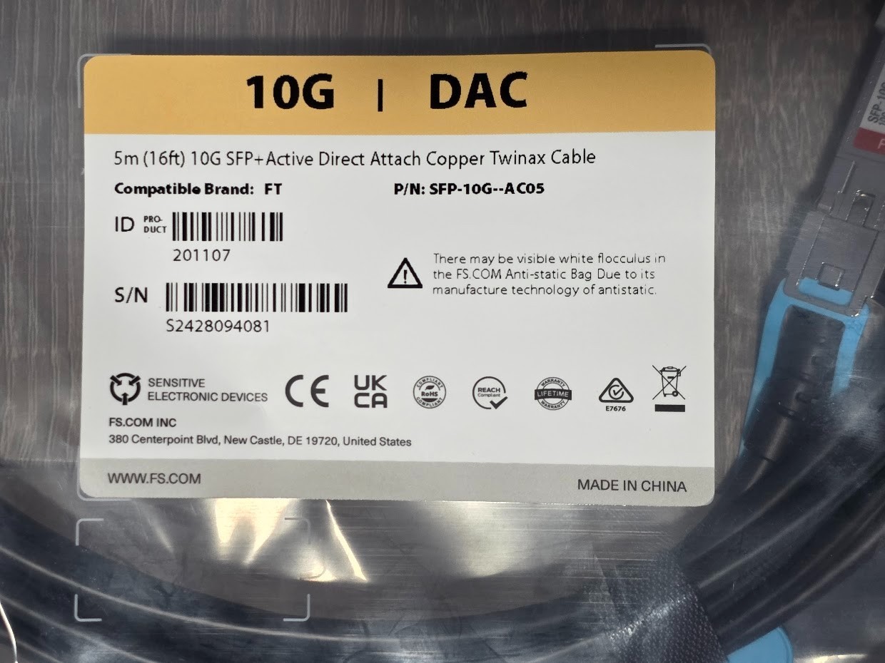 LOT OF 4 NEW FS.com SFP-10G-AC05 10G SFP+ Active DAC Copper 5M 16FT