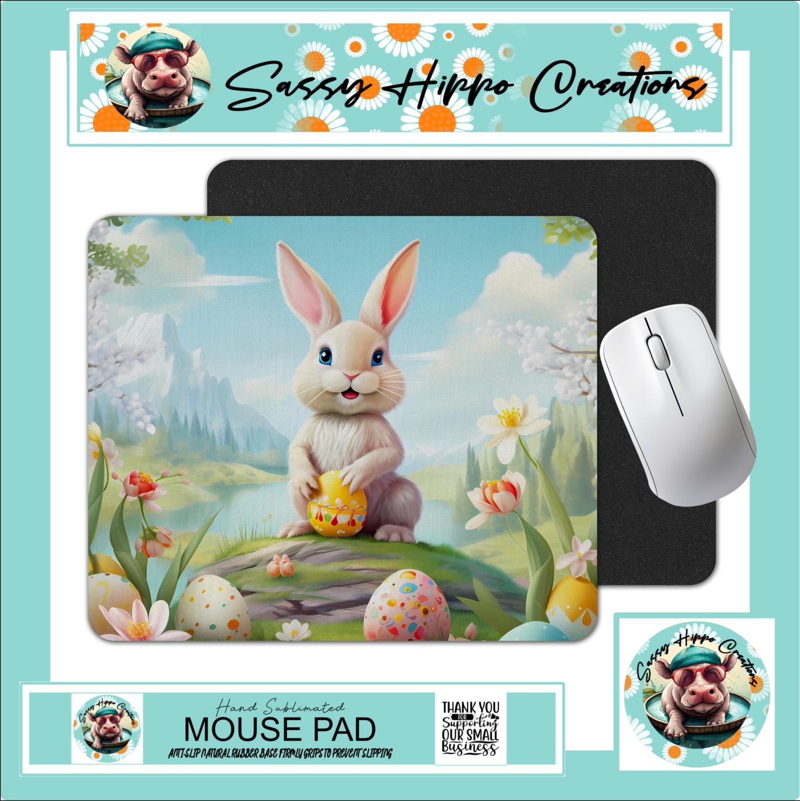 Mouse Pad Easter Bunny Eggs Spring Flowers Anti Slip Back Easy Clean Durable