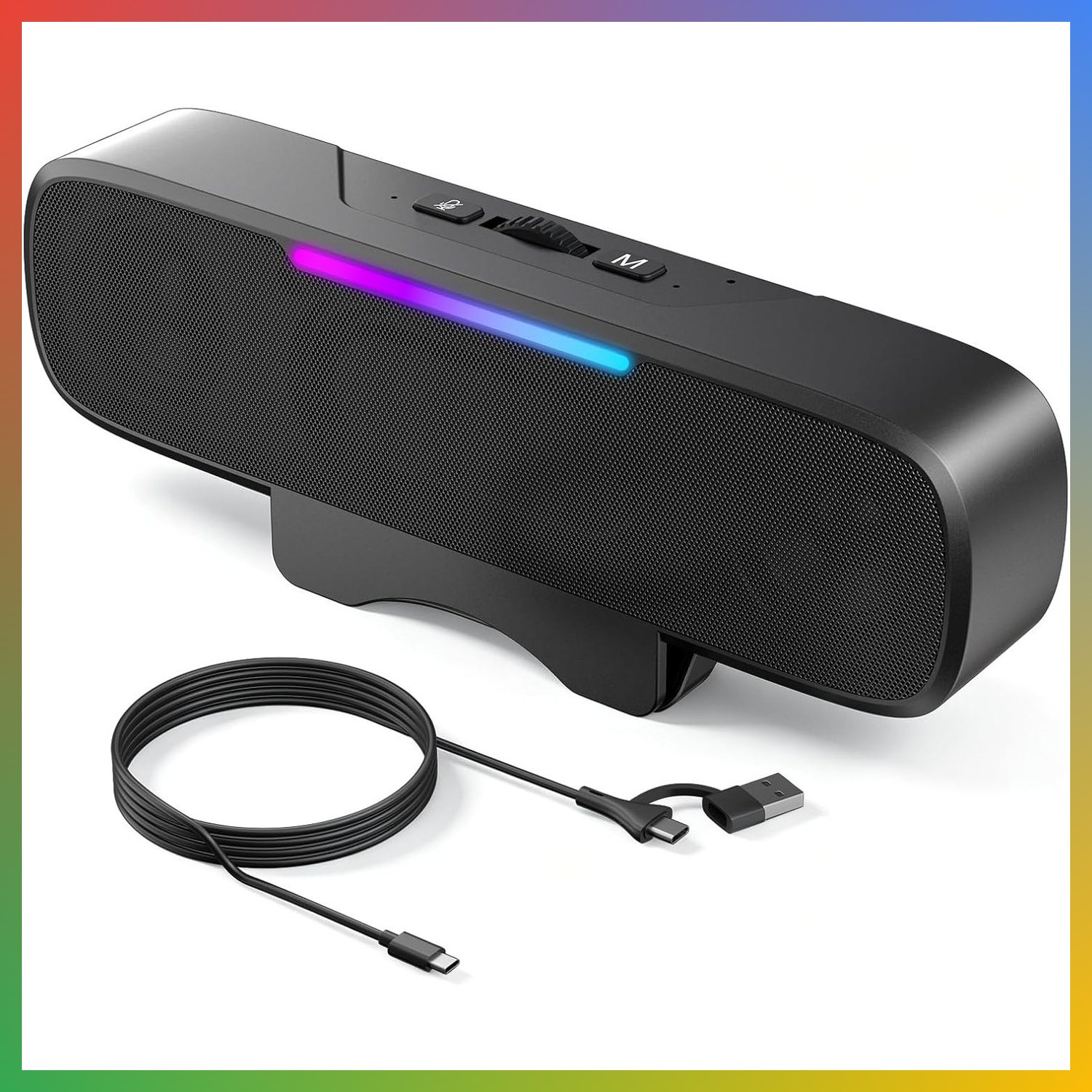 Clip-On USB Monitor Speaker 16W Loud Sound Bluetooth 5.3 RGB Lighting Black