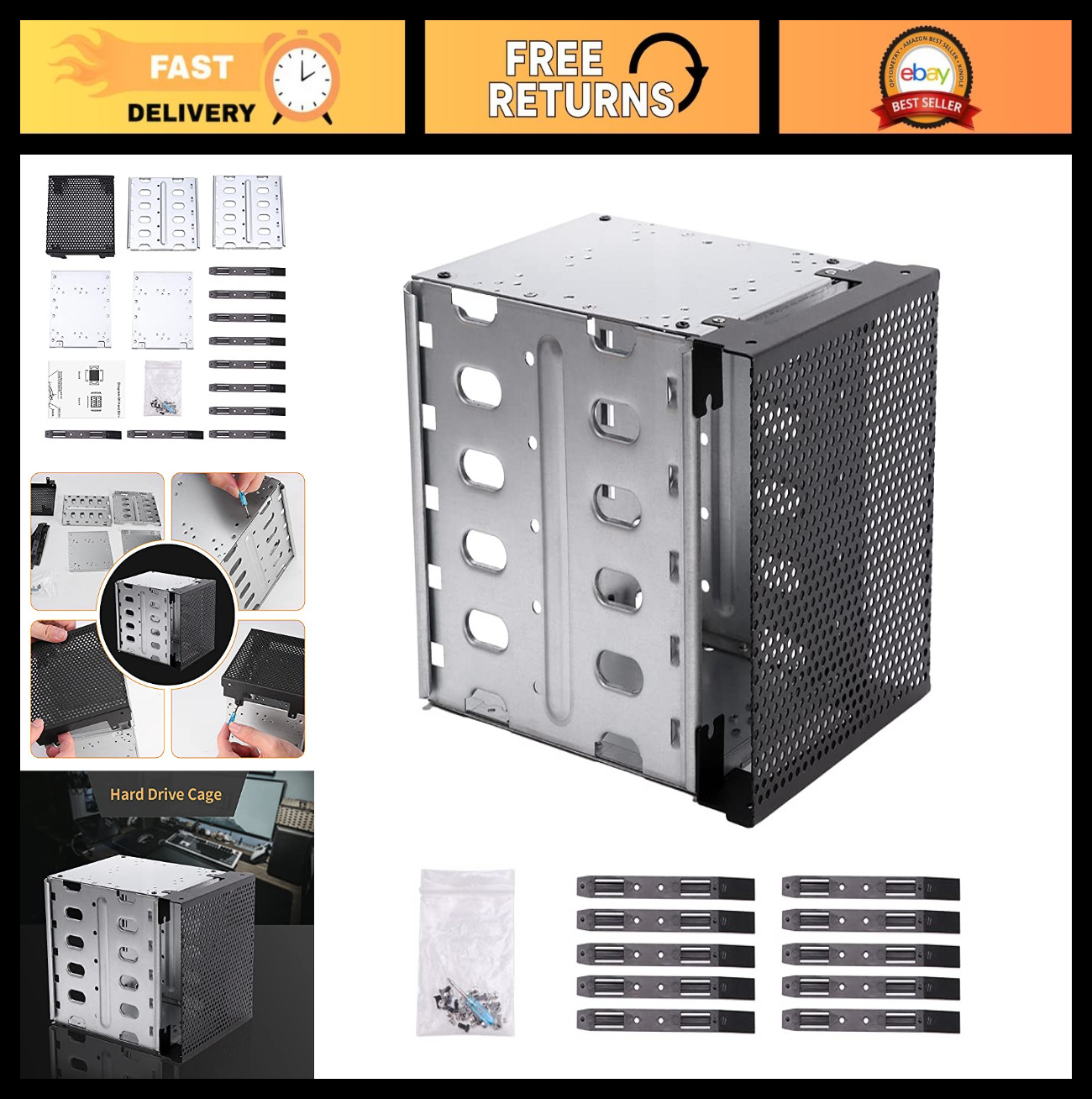 5.25in to 5x 3.5in Hard Drive Cage Rack - Galvanized Steel & ABS with Fan Space