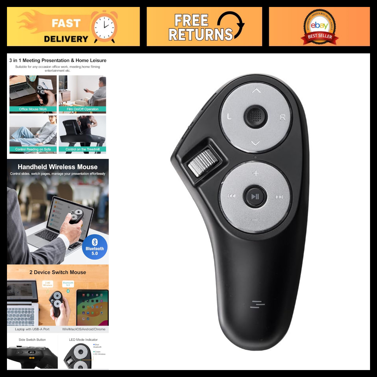 Wireless Bluetooth 2.4G Handheld Mouse & Presentation Clicker, Rechargeable Air