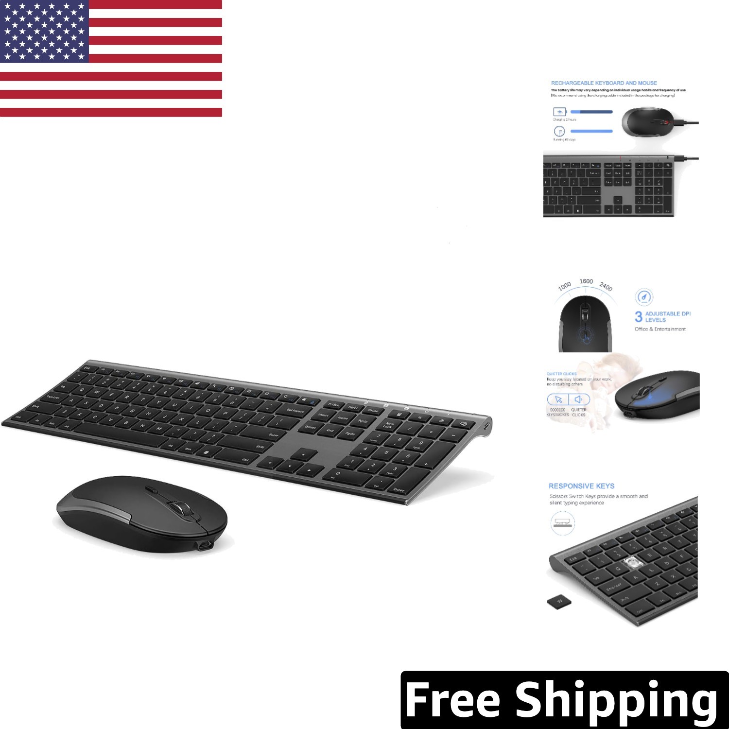 Quiet Rechargeable Wireless Keyboard & Mouse Combo - 2.4 GHz for PCs & Laptops