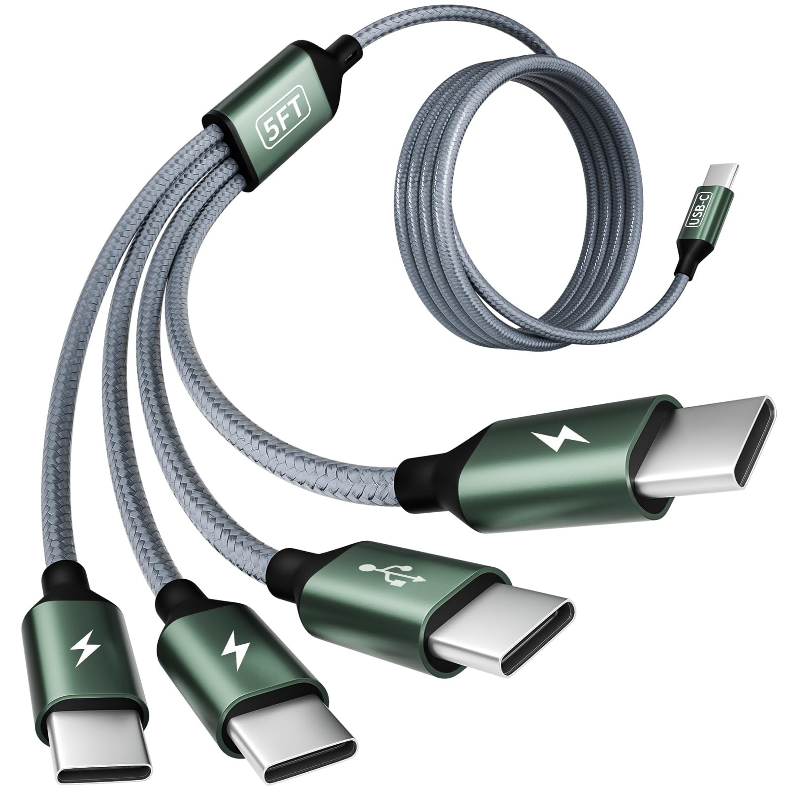 USBC to Cable, 4 in 1 USB C Multi Charging Cable 1Pack_5FT, Grey-green