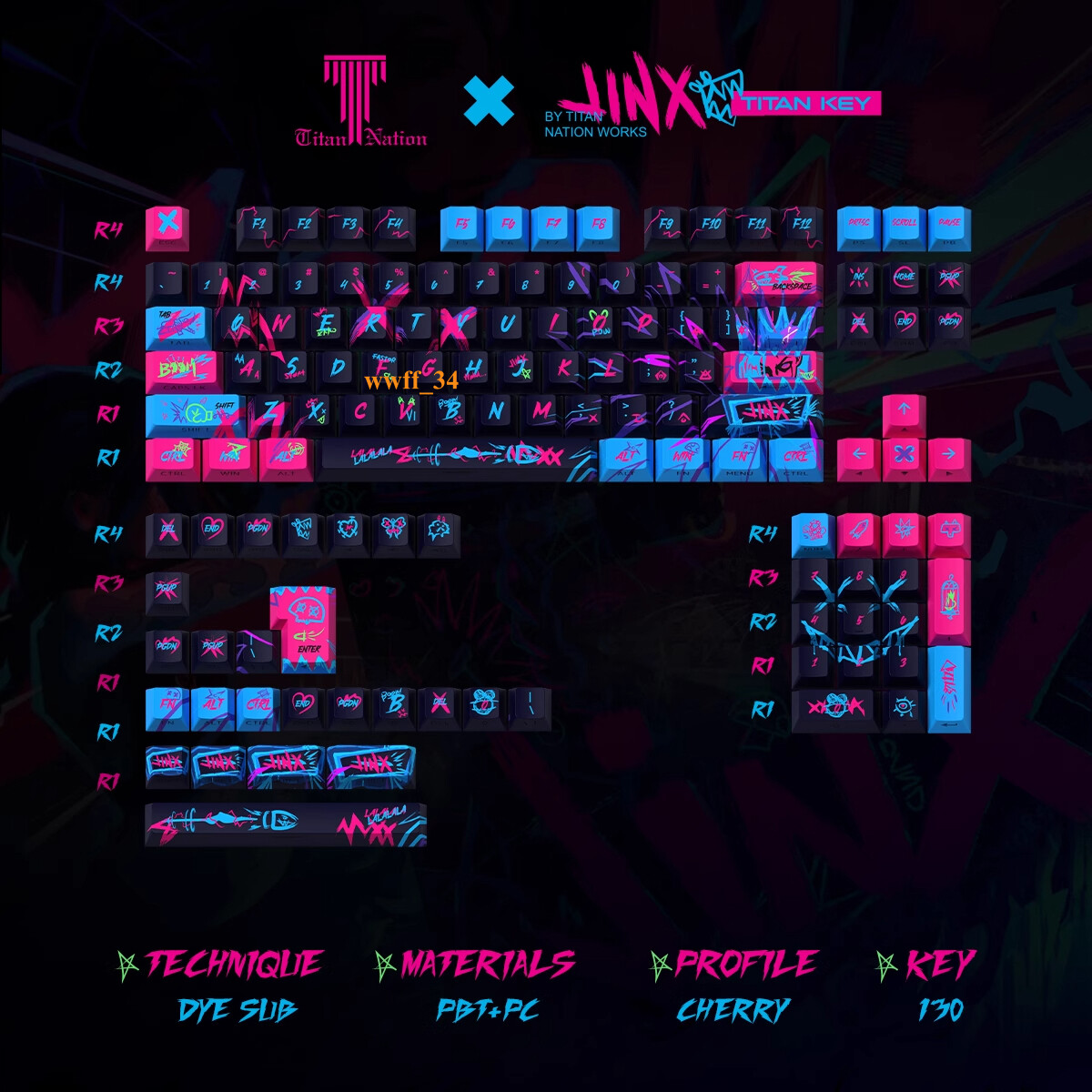LOL Arcane Jinx Keycaps PBT 130/144 Keys Cherry MX Side-Lit Gift For RGB Keypads