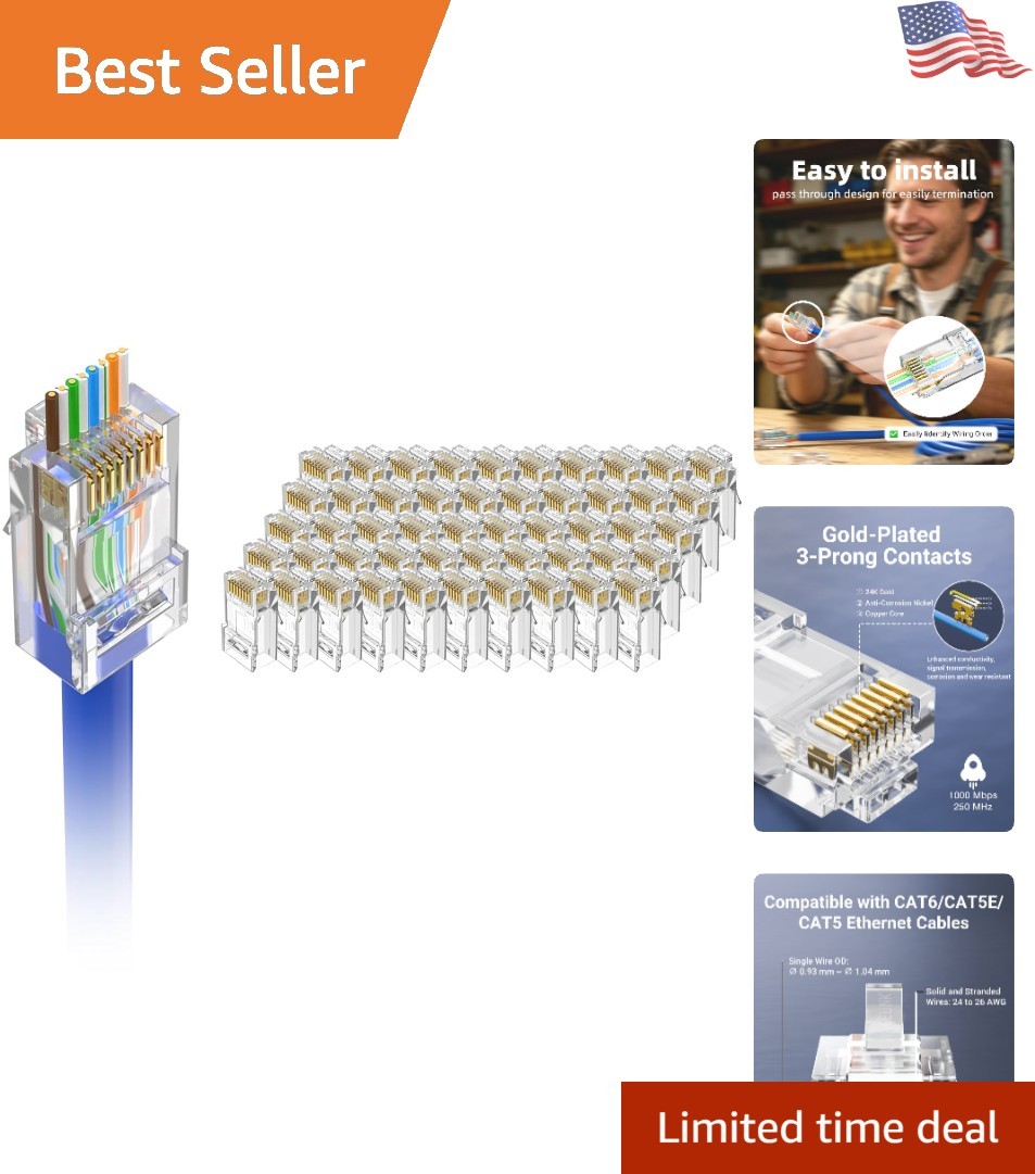 50 Count Cat6 RJ45 Pass-Through Connectors - Gold Plated for Reliable Networking