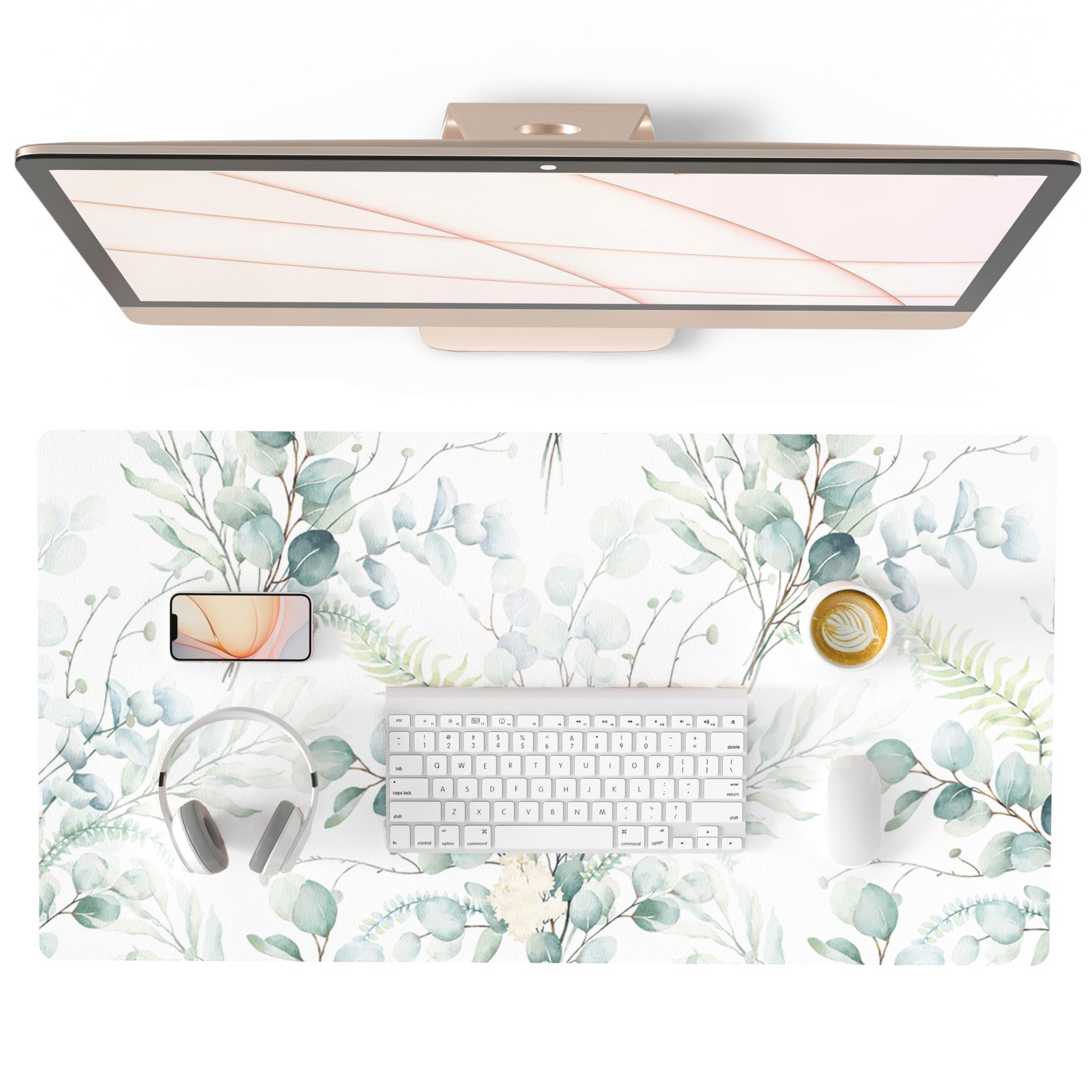 PU Leather Large Mouse Pad 31.5x15.7 Inch Eucalyptus Leaf Waterproof Non Slip