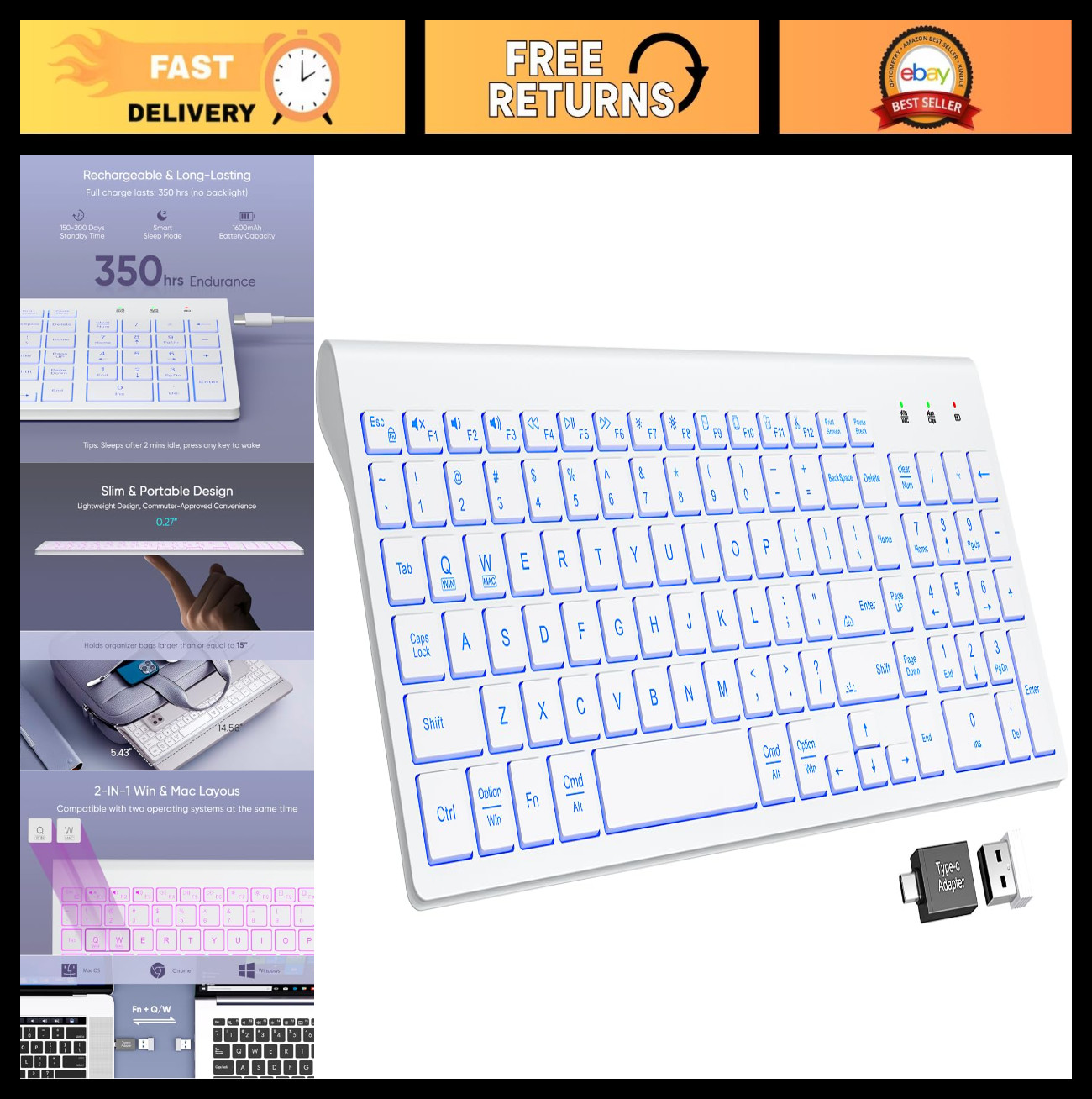 Wireless Keyboard with 7-Color Backlight, Quiet Low-Profile Keys, Slim Design