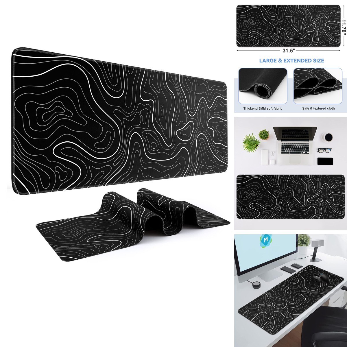 DIGSOM Mouse Pad 31.5 x 11.8in Black with White Topographic Line