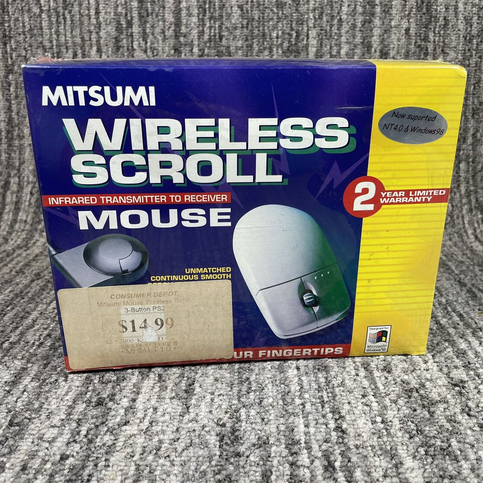 Vintage Mitsumi Wireless Scroll 3 Button Mouse PS/2 Win 98 NEW NOS