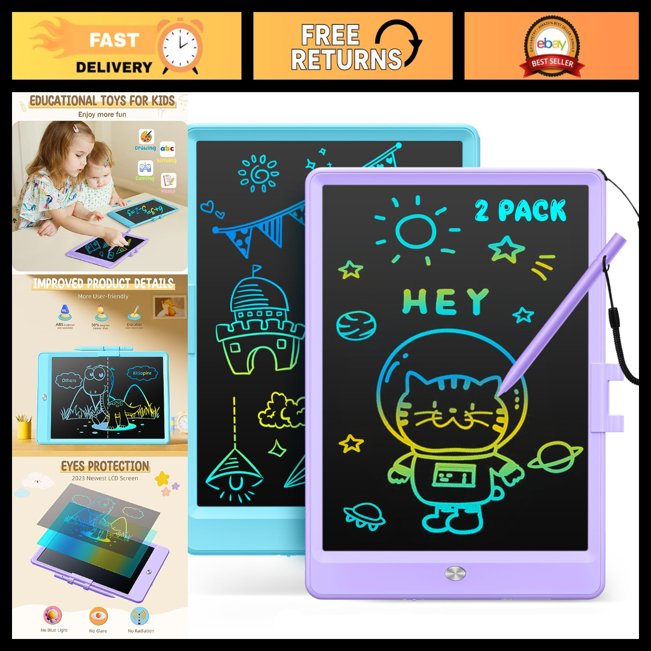 2-Pack LCD Writing Tablet, Kids Drawing Pad, Doodle Board for Creative Learning