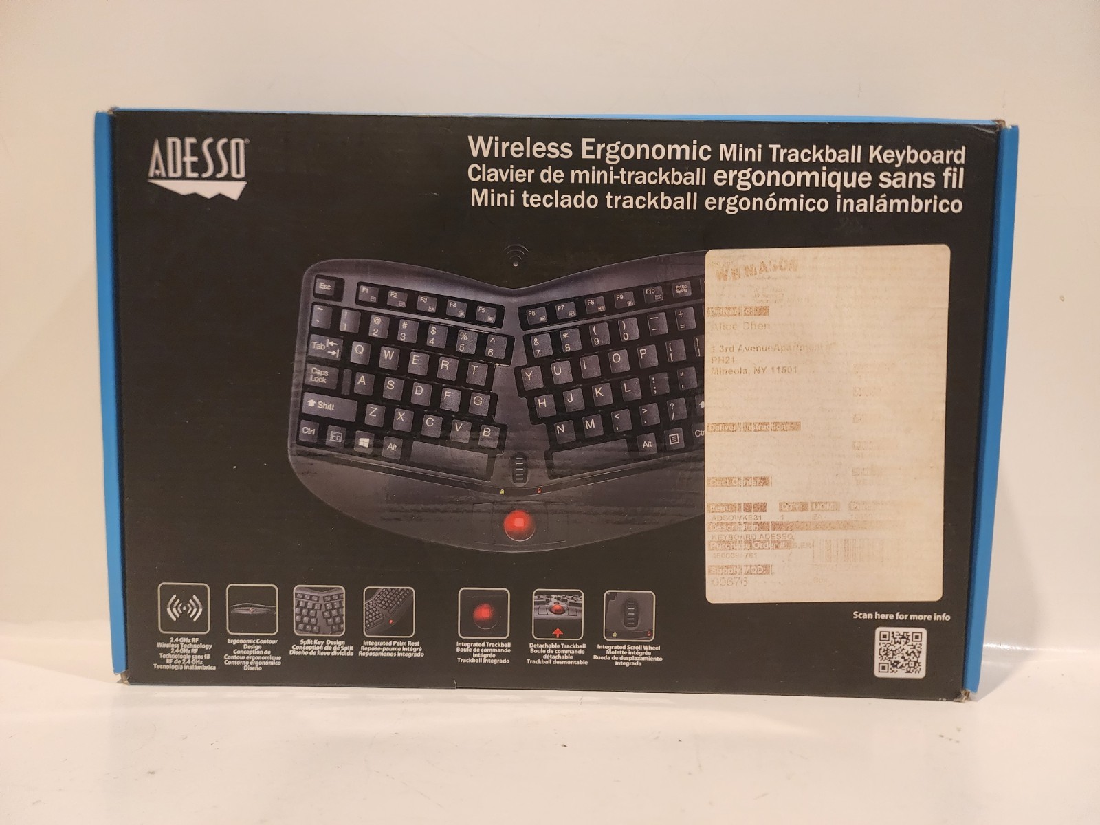 ADESSO WKB-3150UB Wireless Ergonomic Mini Trackball Keyboard Black 