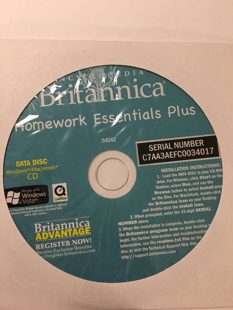 Encyclopedia Britannica Homework Essentials  Plus CD-Data Disc-Win/Mac-04042RARE
